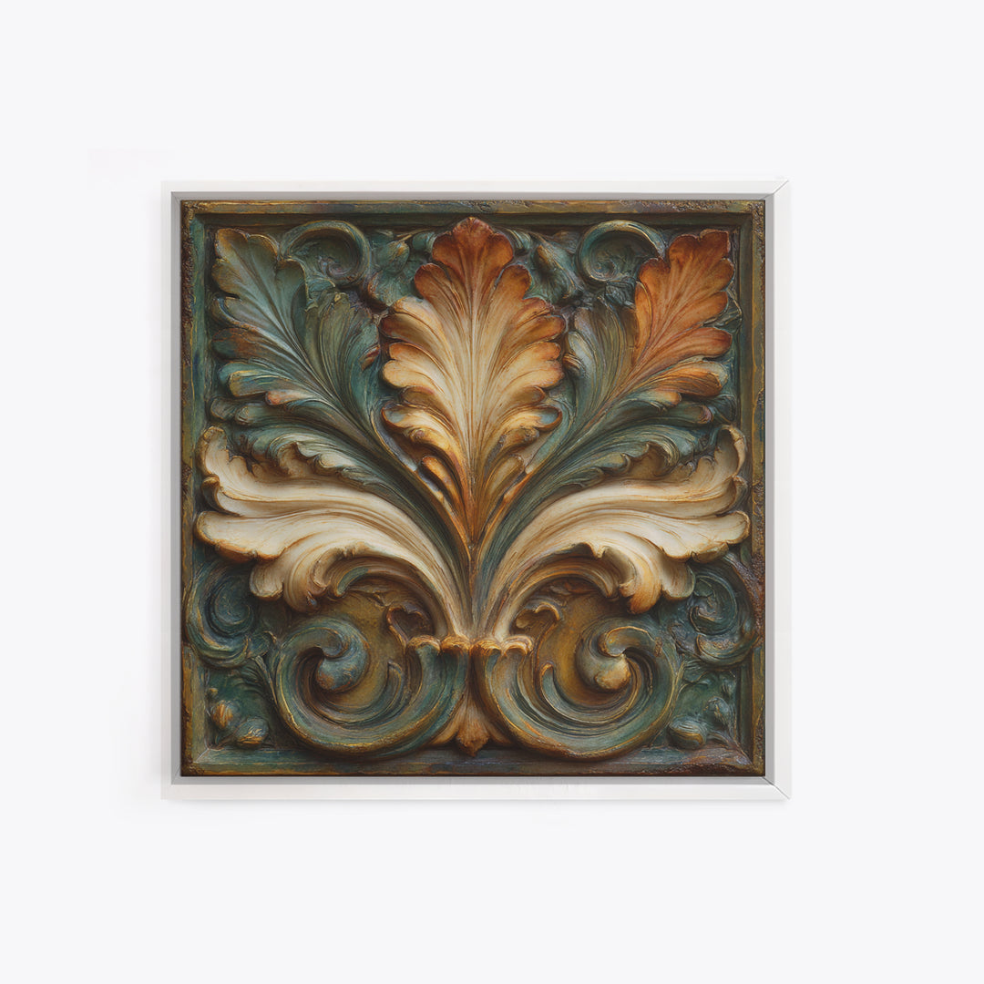Carved Acanthus Leaf Ornament Study Framed Canvas Print, Baroque Art, Maximalist Wall Art, Living Room Decor, Oil Painting, BAO-1x1-63