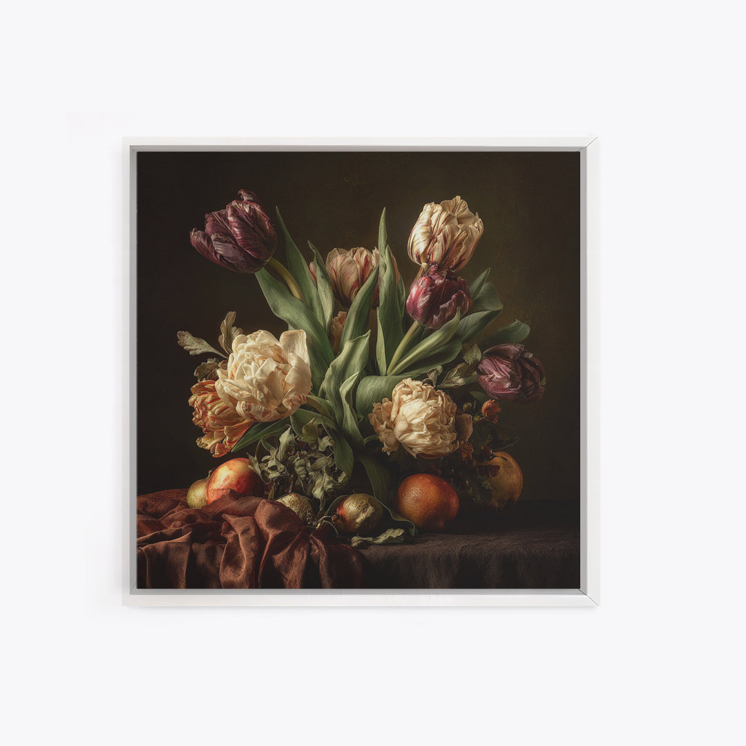 Black Background Tulips Framed Canvas Print, Baroque Art, Living Room Wall Art, Living Room Decor, Ornate, Art Nouveau Decor, BAO-1x1-64
