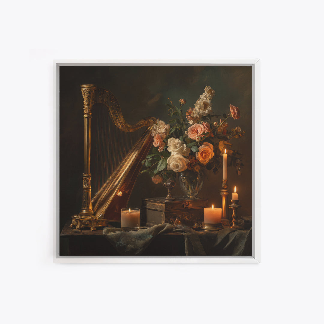 Golden Harp and Roses Framed Canvas Print, Baroque Art, Modern Wall Art, Living Room Decor, Abstract Art, Ornate, Feminist Art, BAO-1x1-66