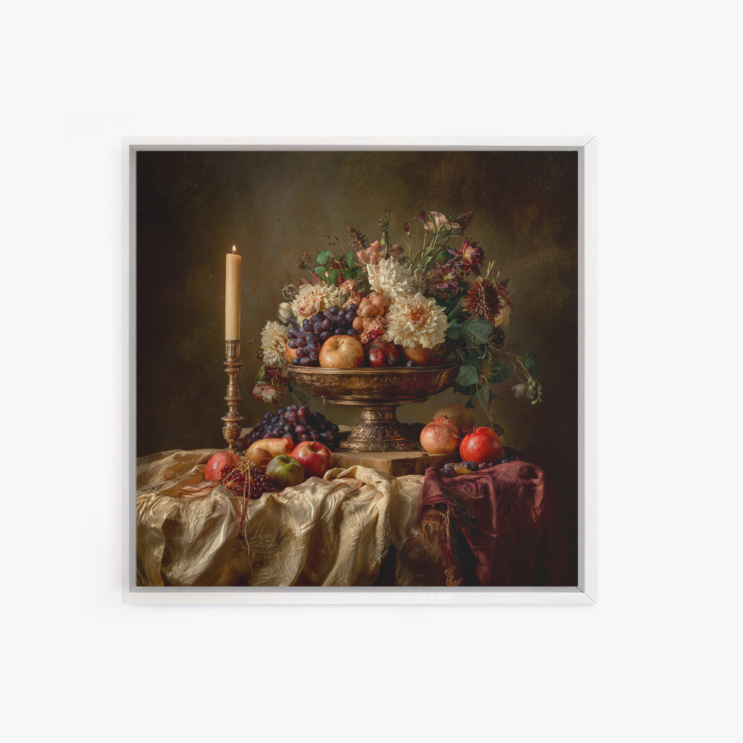 Lavish Banquet Fruit Composition Framed Canvas Print, Baroque Art, Dark Academia Art, Living Room Decor, Fine Art, Ornate, BAO-1x1-68