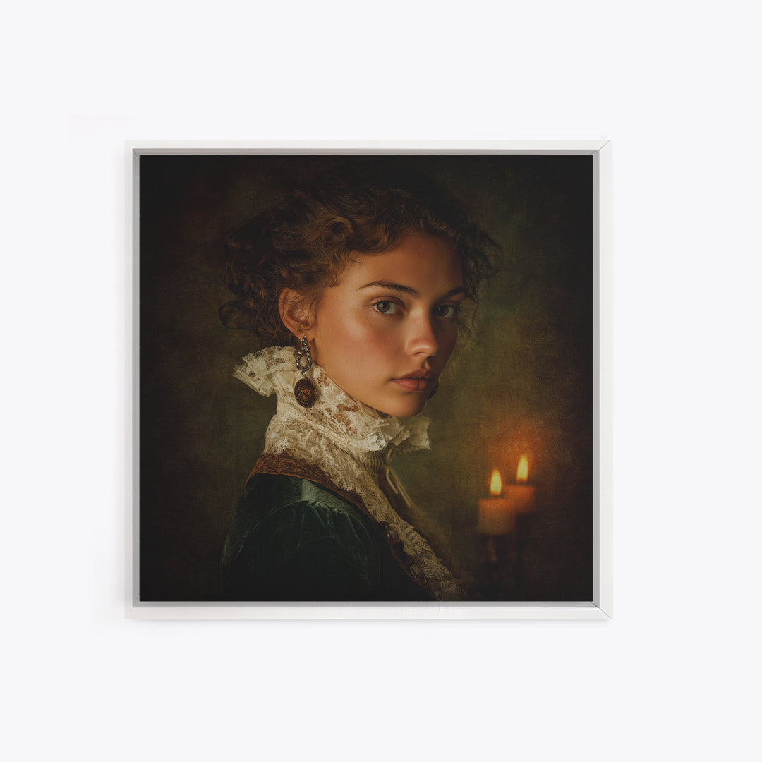 Classical Portrait with Lace Collar and Jewel Framed Canvas Print, Baroque Art, Oil Painting, Living Room Decor, Ornate, BAO-1x1-7