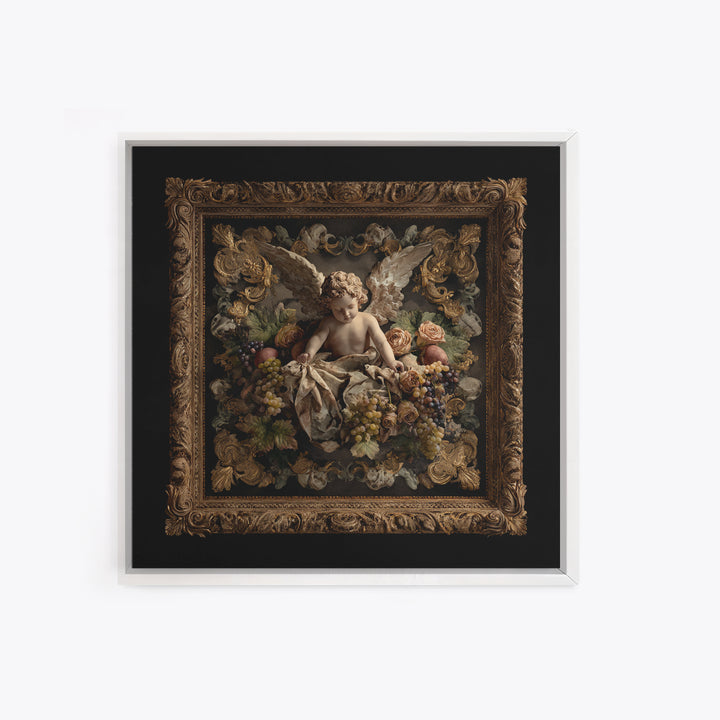 Ornate Cherub Figure Surrounded by Clouds and Canvas Print, Baroque Art, Dark Academia Art, Living Room Decor, Ornate, BAO-1x1-74