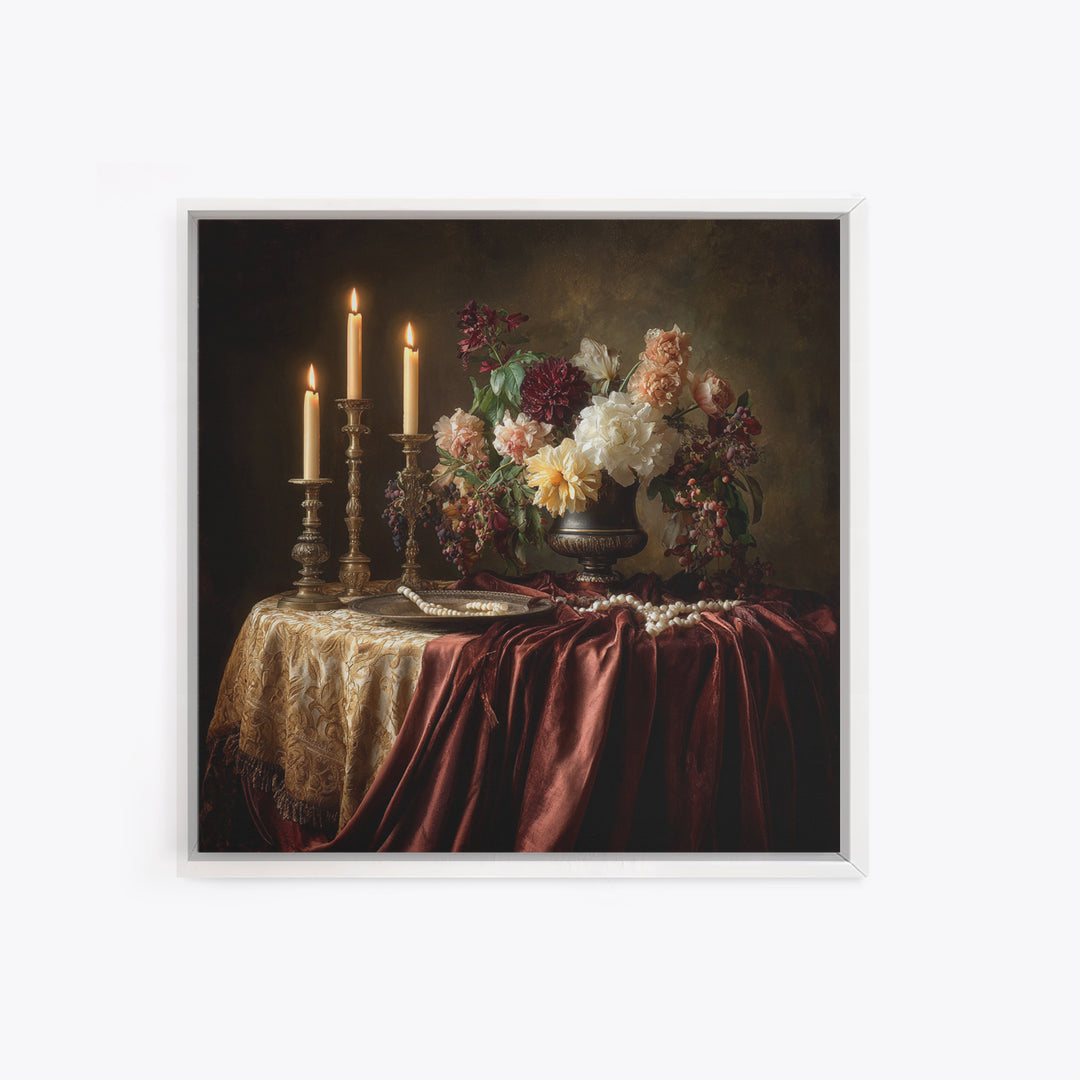 Velvet Drapery with Pearls Flowers and Candlelight Canvas Print, Baroque Art, Baroque, Living Room Decor, Fine Art, Ornate, BAO-1x1-75