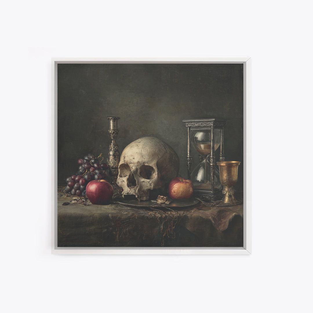 Skull and Hourglass Vanitas Still Life Canvas Print, Baroque Art, Art Nouveau Decor, Living Room Decor, Fine Art, Ornate, BAO-1x1-77