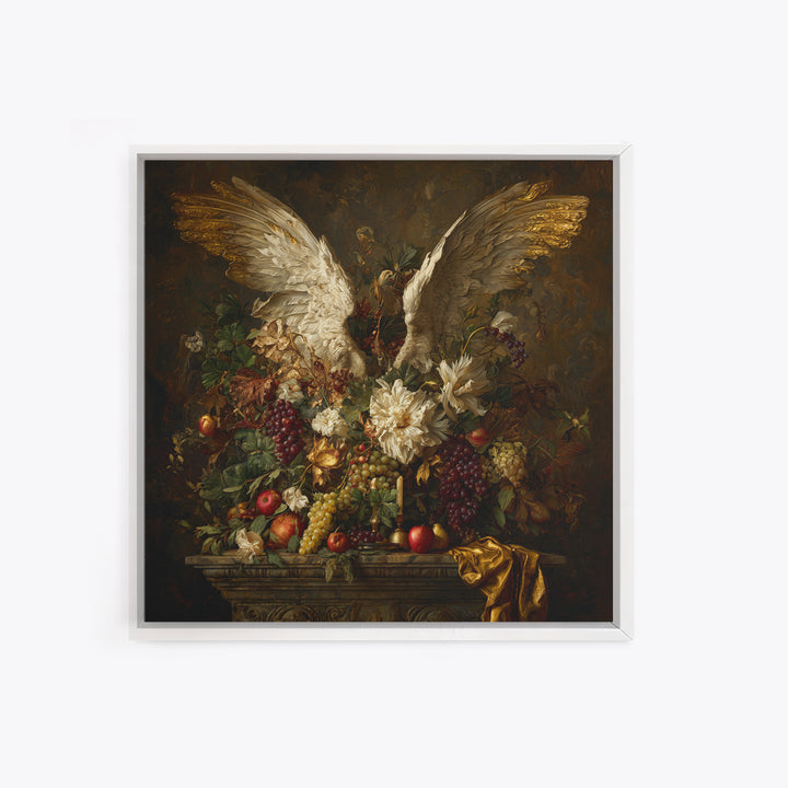 Gilded Angel Wings Emerging from Storm Clouds Framed Canvas Print, Baroque Art, Maximalist Decor, Living Room Decor, Ornate, BAO-1x1-78