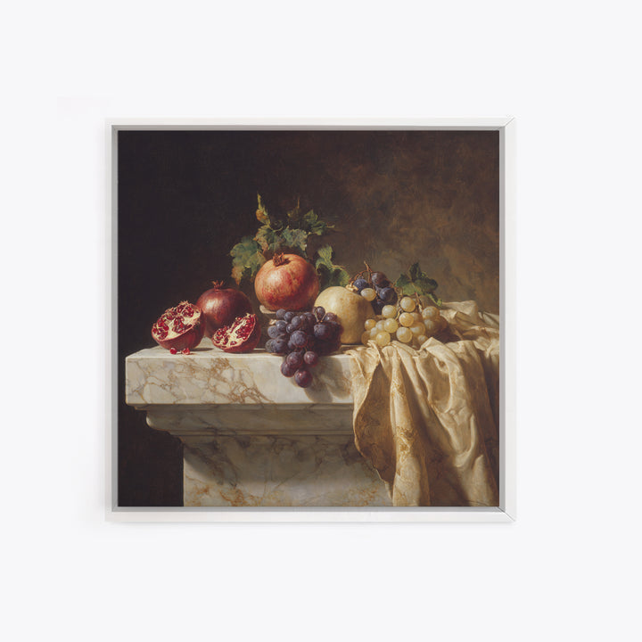 Pomegranate and Grapes on a Marble Ledge Framed Canvas Print, Baroque Art, Digital Wall Art, Living Room Decor, Ornate, BAO-1x1-8