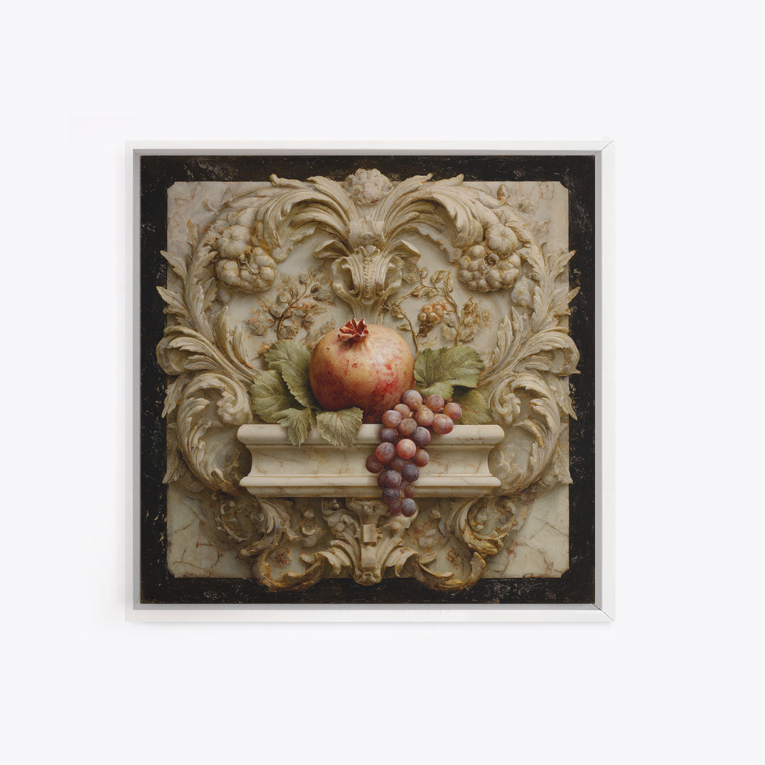 Pomegranate and Grapes on a Marble Ledge Framed Canvas Print, Baroque Art, Home Decor, Living Room Decor, Fine Art, Ornate, BAO-1x1-80