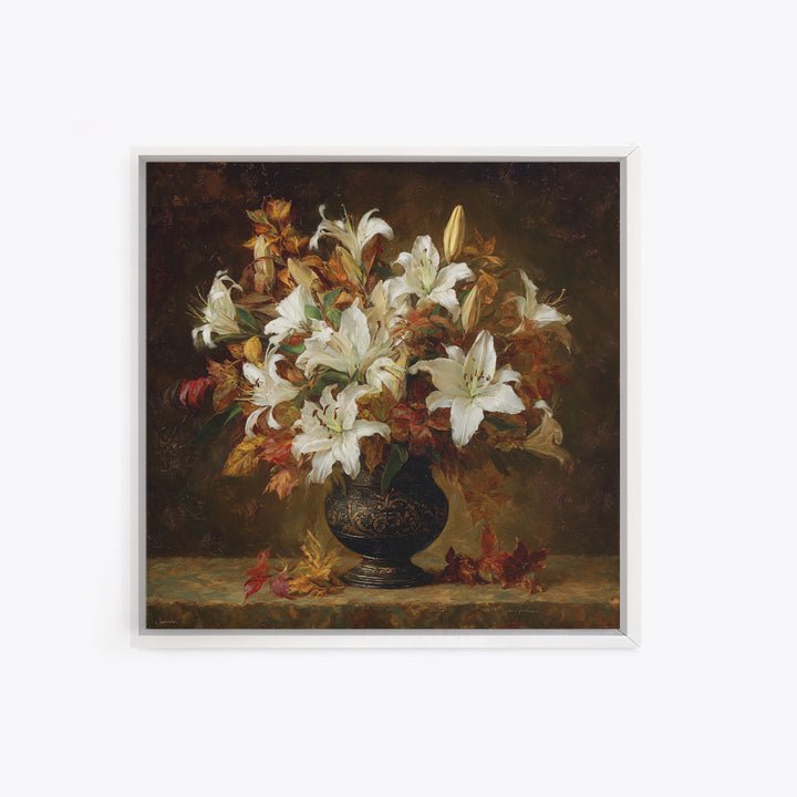 Dramatic White Lilies Framed Canvas Print, Baroque Art, Maximalist Wall Art, Living Room Decor, Abstract Art, Ornate, BAO-1x1-84