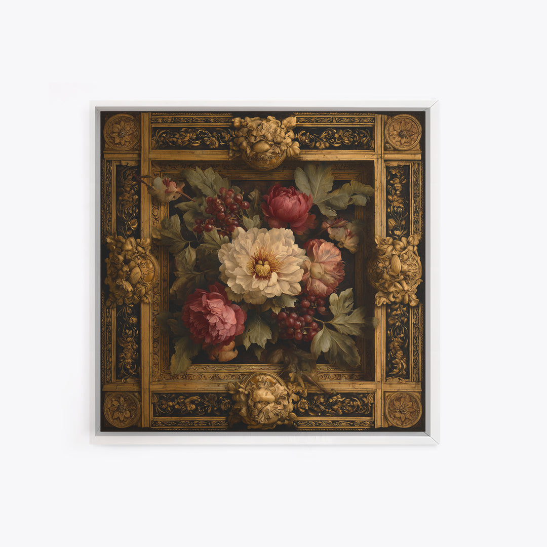 Ornate Gold Frame Illusion Around a Botanical Canvas Print, Baroque Art, Minimalist Wall Art, Living Room Decor, Ornate, BAO-1x1-9