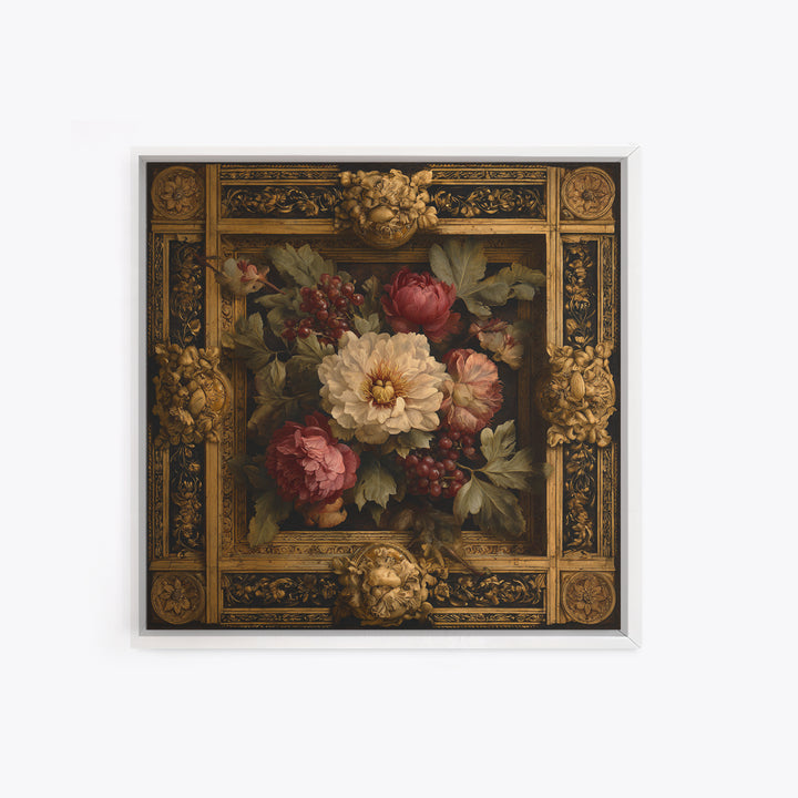 Ornate Gold Frame Illusion Around a Botanical Canvas Print, Baroque Art, Minimalist Wall Art, Living Room Decor, Ornate, BAO-1x1-9