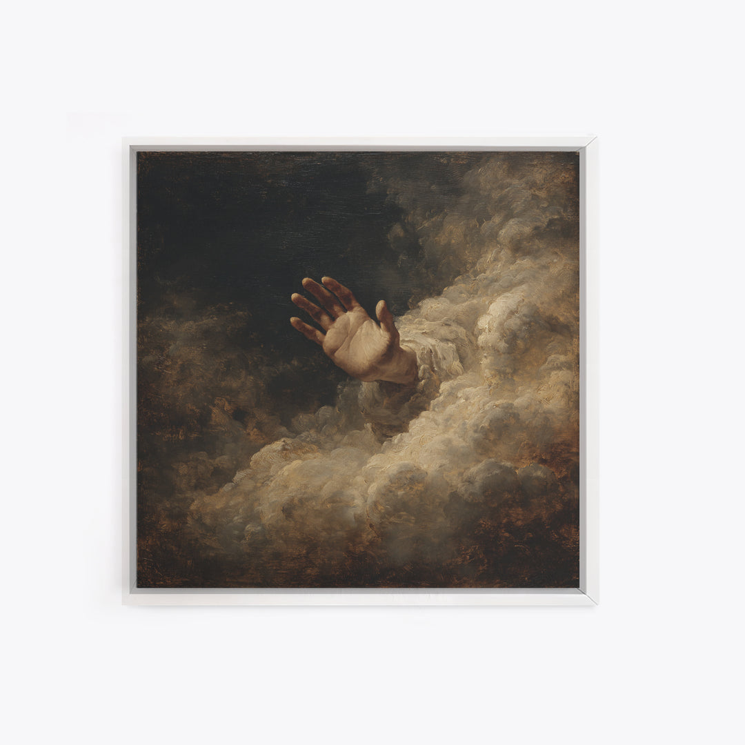 Angelic Hand Reaching Through Clouds Framed Canvas Print, Baroque Art, Maximalist Wall Art, Living Room Decor, Oil Painting, BAO-1x1-93