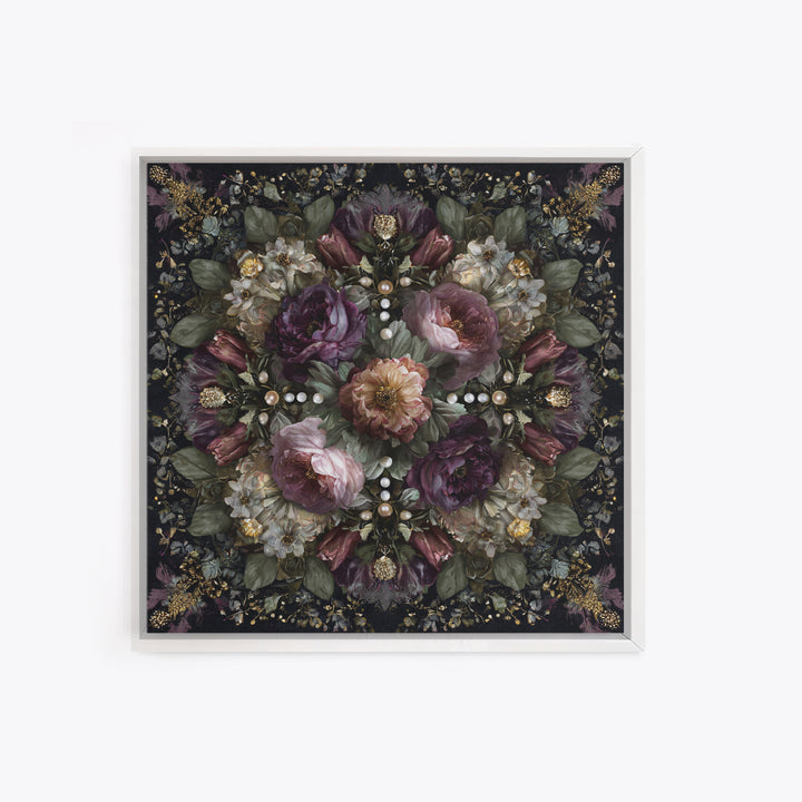 Velvet Drapery with Pearls Flowers and Candlelight Canvas Print, Baroque Art, Living Room Decor, Oil Painting, Ornate, BAO-1x1-99