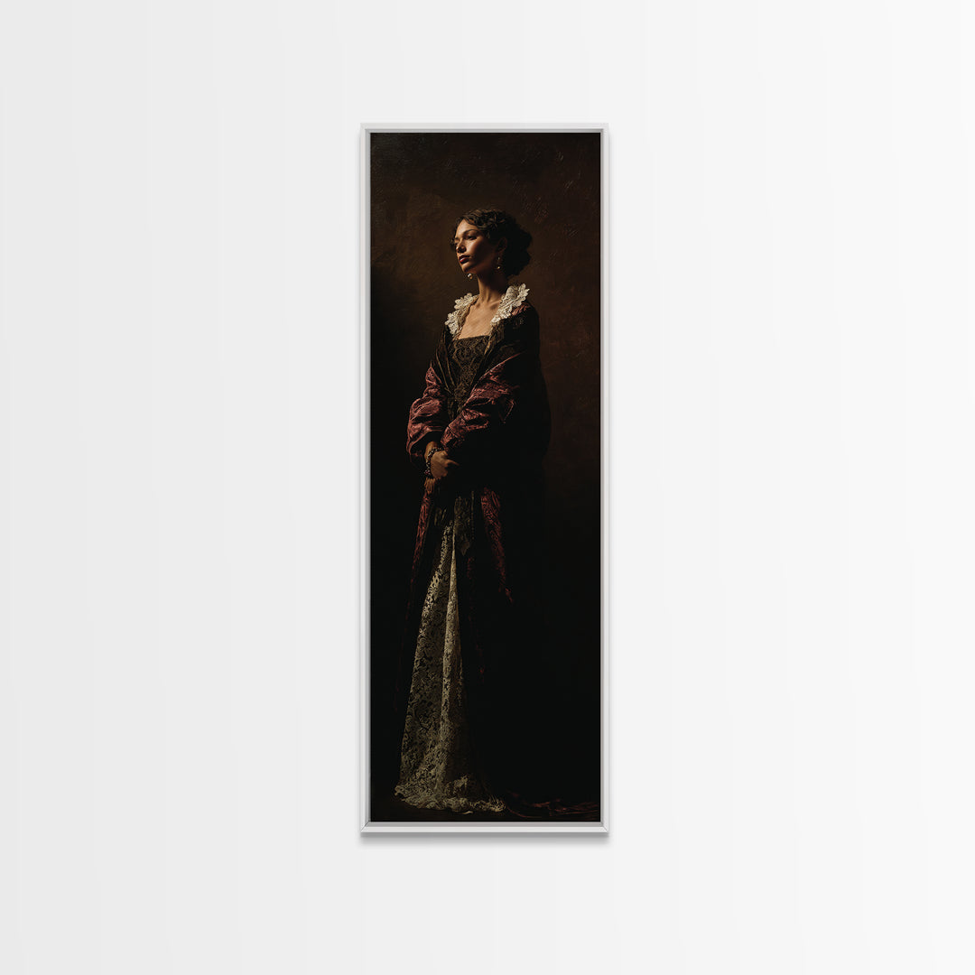 Classical Portrait with Lace Collar and Jewel Framed Canvas Print, Baroque Art, Feminist Art, Living Room Decor, Ornate, BAO-1x3-19