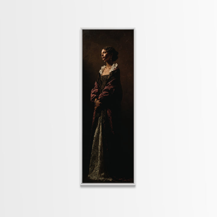 Classical Portrait with Lace Collar and Jewel Framed Canvas Print, Baroque Art, Feminist Art, Living Room Decor, Ornate, BAO-1x3-19