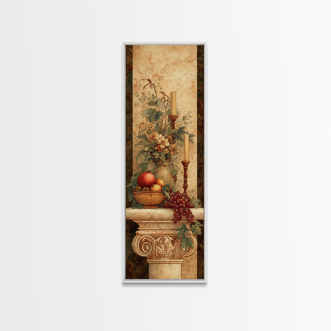 Pomegranate and Grapes on a Marble Ledge Framed Canvas Print, Baroque Art, Dark Academia Art, Living Room Decor, Ornate, BAO-1x3-20