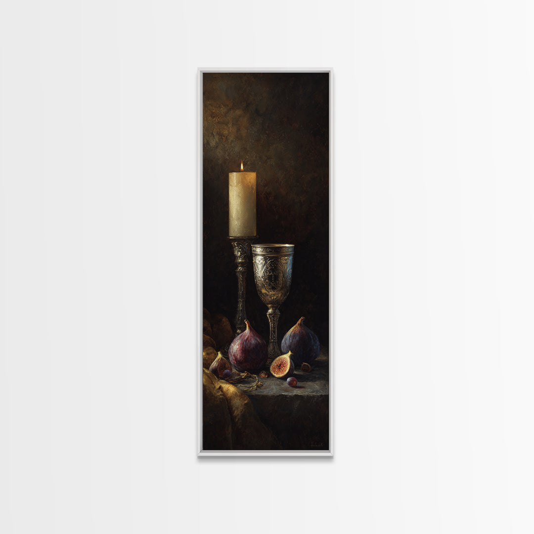 Candlelit Table with Silver Goblet and Figs Canvas Print, Baroque Art, Fine Art Print, Living Room Decor, Fine Art, Ornate, BAO-1x3-25