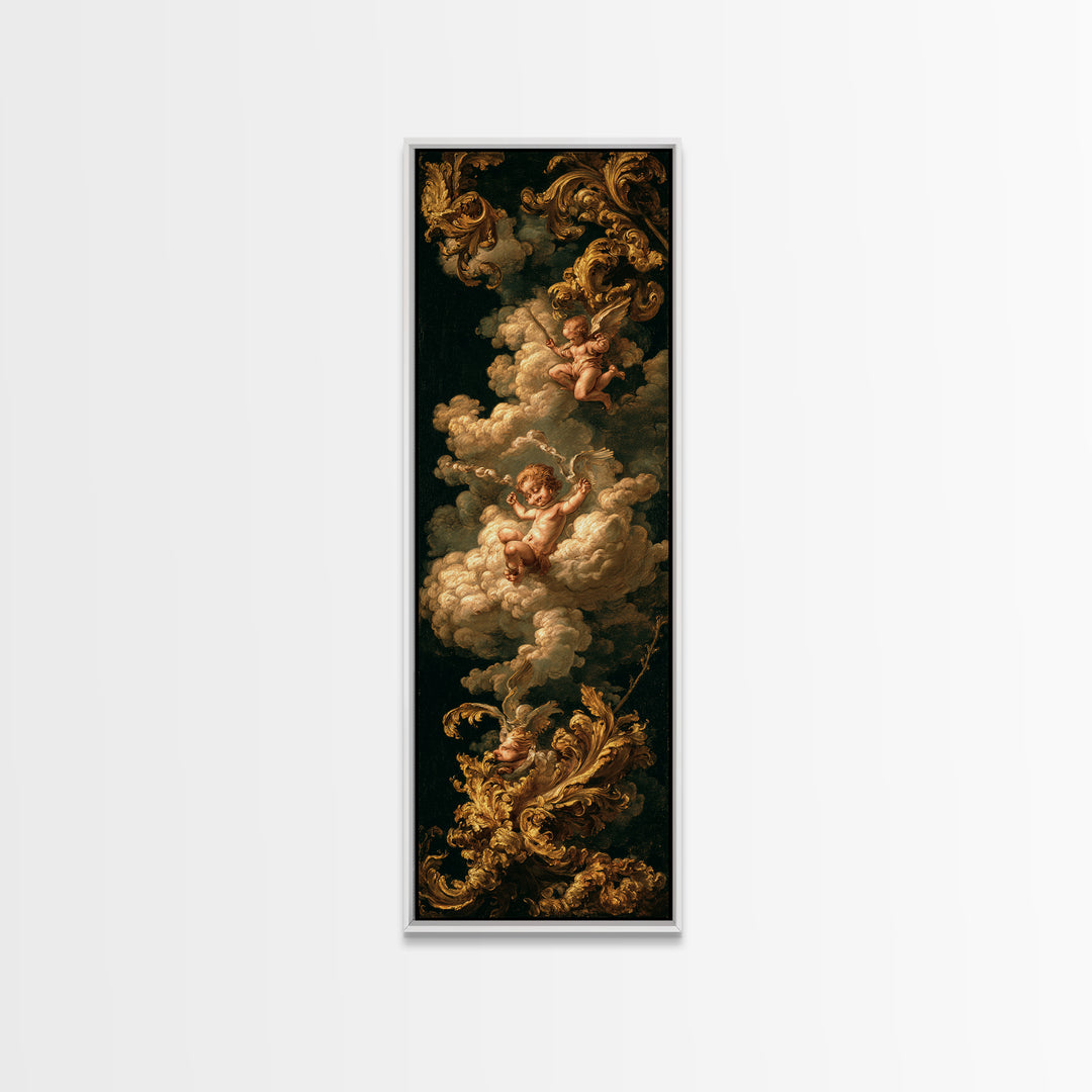 Ornate Cherub Figure Surrounded by Clouds and Canvas Print, Baroque Art, Moody Wall Art, Living Room Decor, Fine Art, Ornate, BAO-1x3-38
