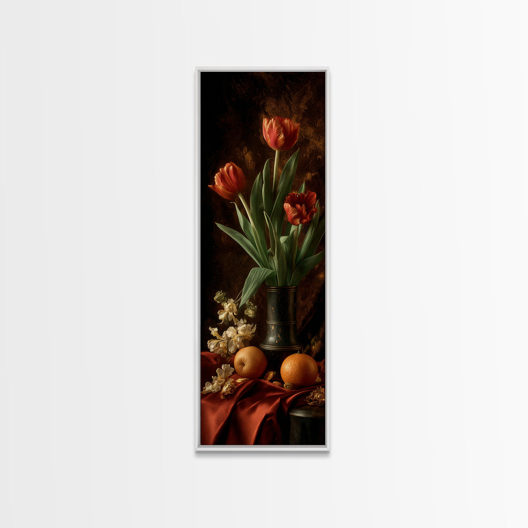 Black Background Tulips Framed Canvas Print, Baroque Art, Room Decor Aesthetic, Living Room Decor, Fine Art, Ornate, Home Decor, BAO-1x3-4