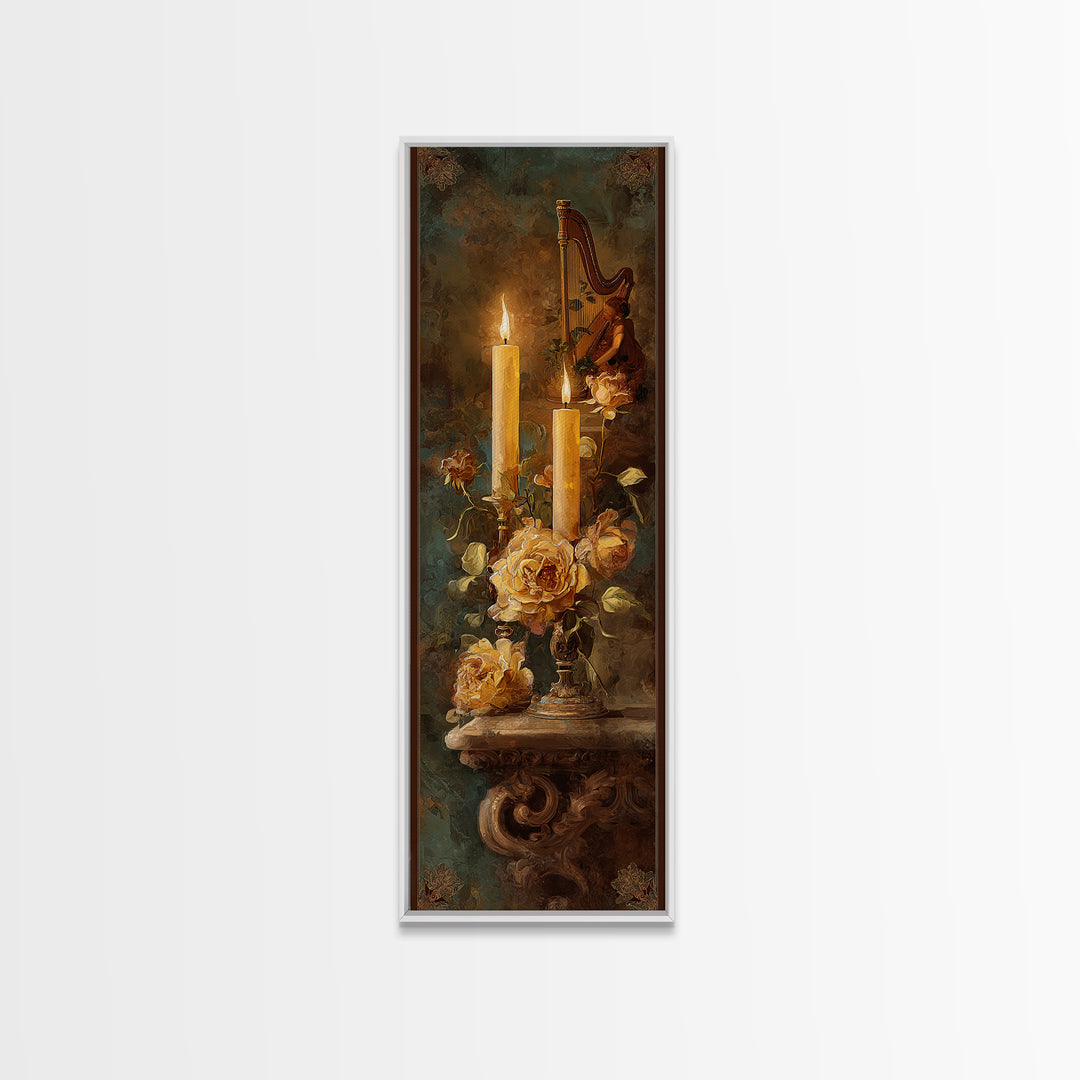 Golden Harp and Roses Framed Canvas Print, Baroque Art, Modern Wall Art, Living Room Decor, Oil Painting, Ornate, Feminist Art, BAO-1x3-54
