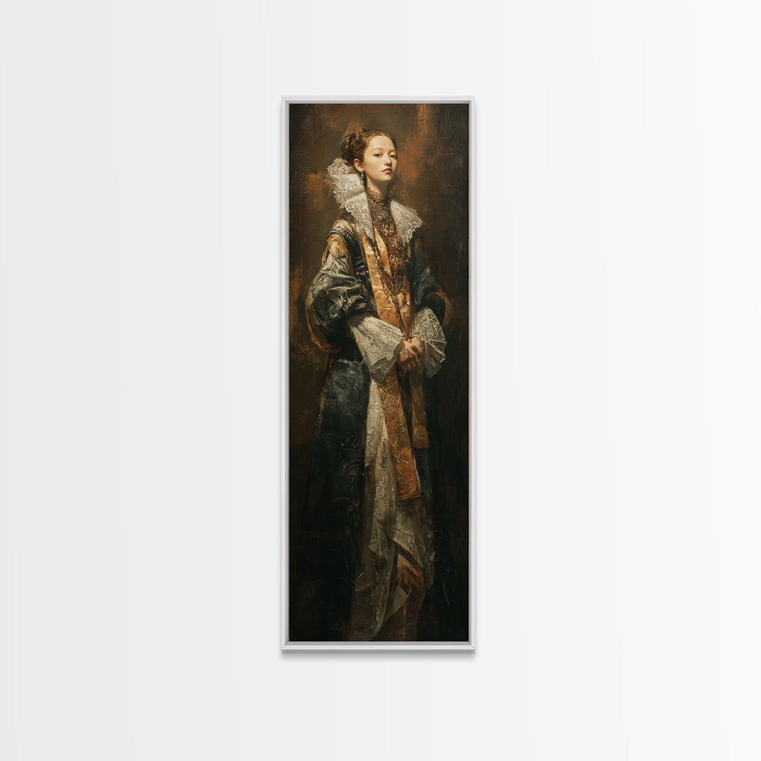 Classical Portrait with Lace Collar and Jewel Canvas Print, Baroque Art, Minimalist Decor, Living Room Decor, Fine Art, Ornate, BAO-1x3-67