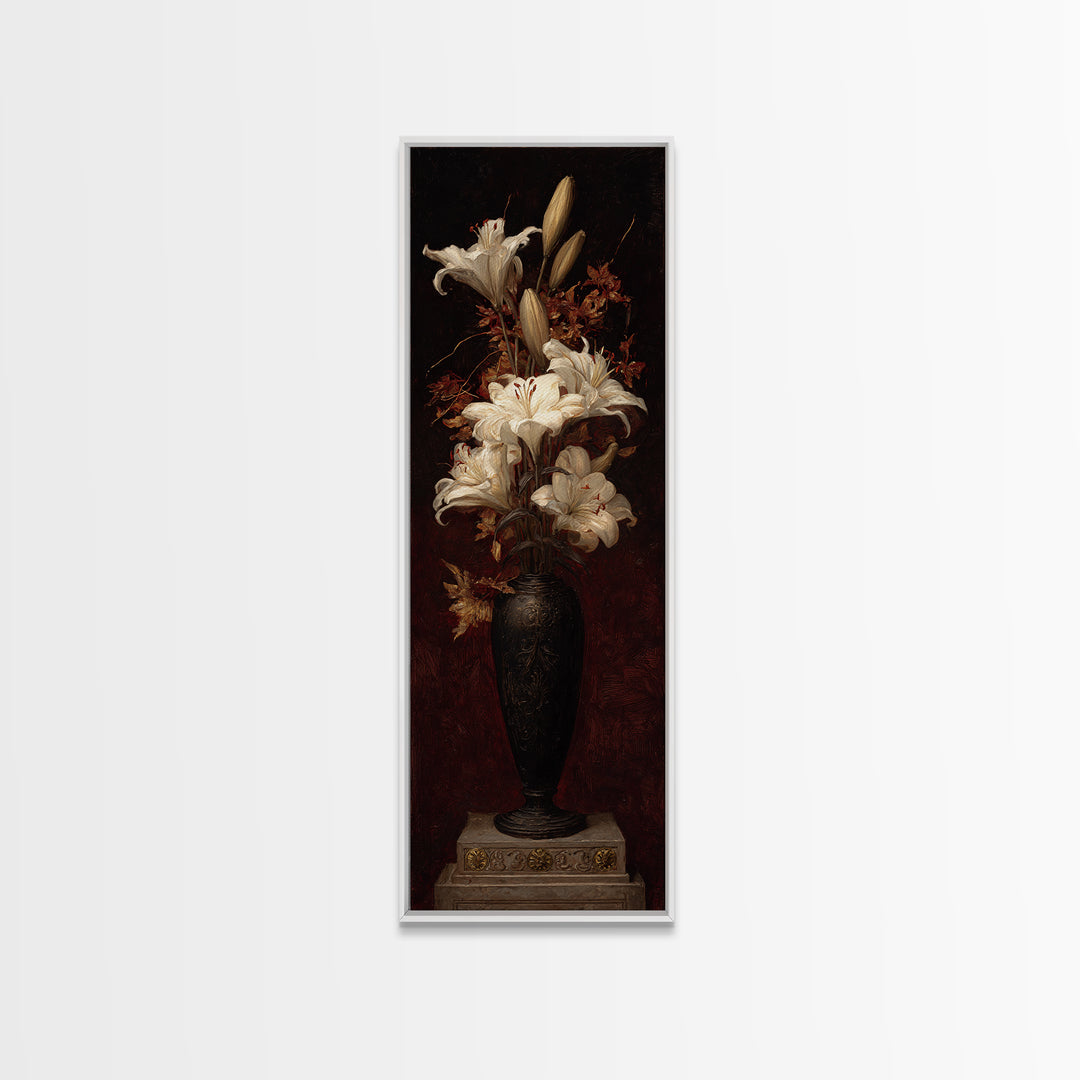 Dramatic White Lilies Canvas Print, Baroque Art, Art Print, Living Room Decor, Fine Art, Ornate, Oil Painting, Digital Wall Art, BAO-1x3-72