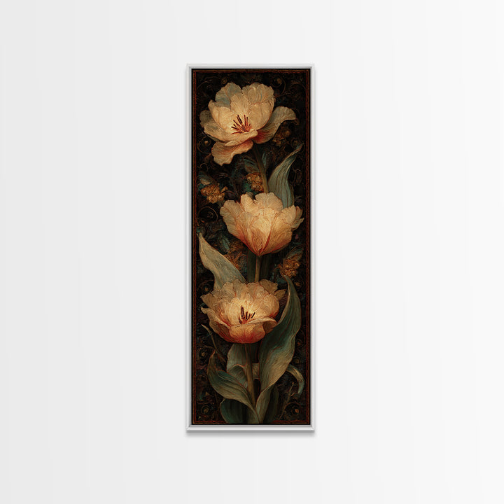Black Background Tulips Framed Canvas Print, Baroque Art, Room Decor, Living Room Decor, Oil Painting, Ornate, Digital Wall Art, BAO-1x3-76