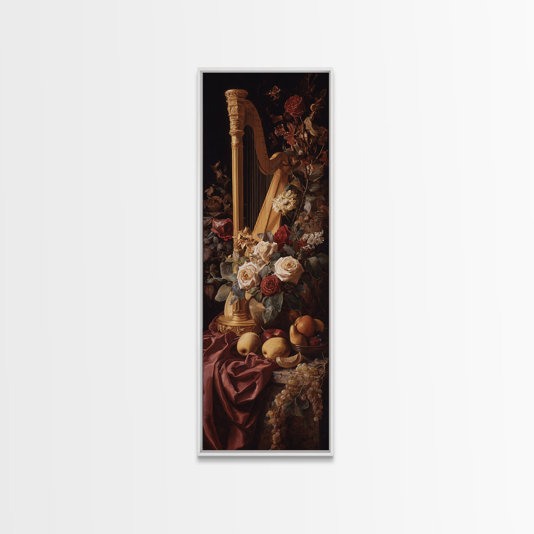 Golden Harp and Roses Canvas Print, Baroque Art, Portrait Painting, Living Room Decor, Fine Art, Ornate, Neutral Decor, BAO-1x3-78