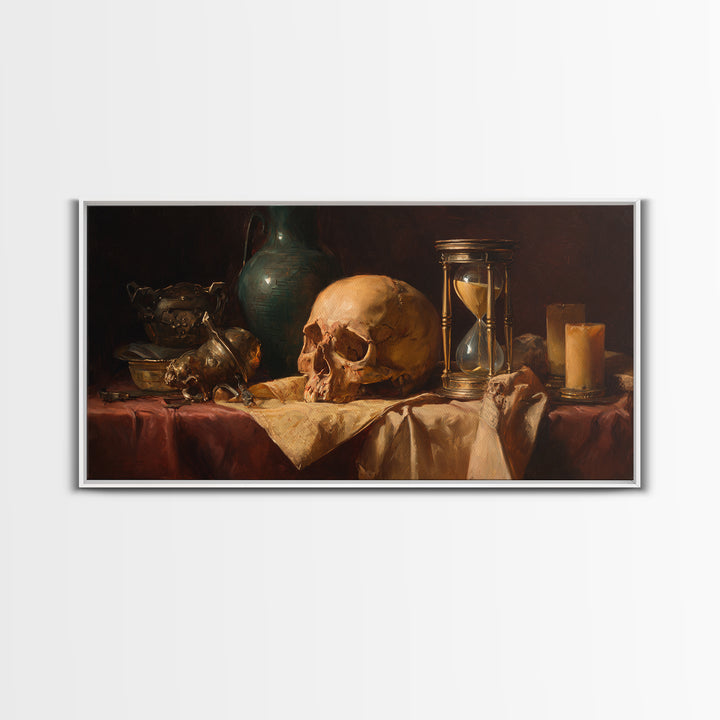 Skull and Hourglass Vanitas Still Life Framed Canvas Print, Baroque Art, Neutral Decor, Living Room Decor, Fine Art, Ornate, BAO-2x1-1