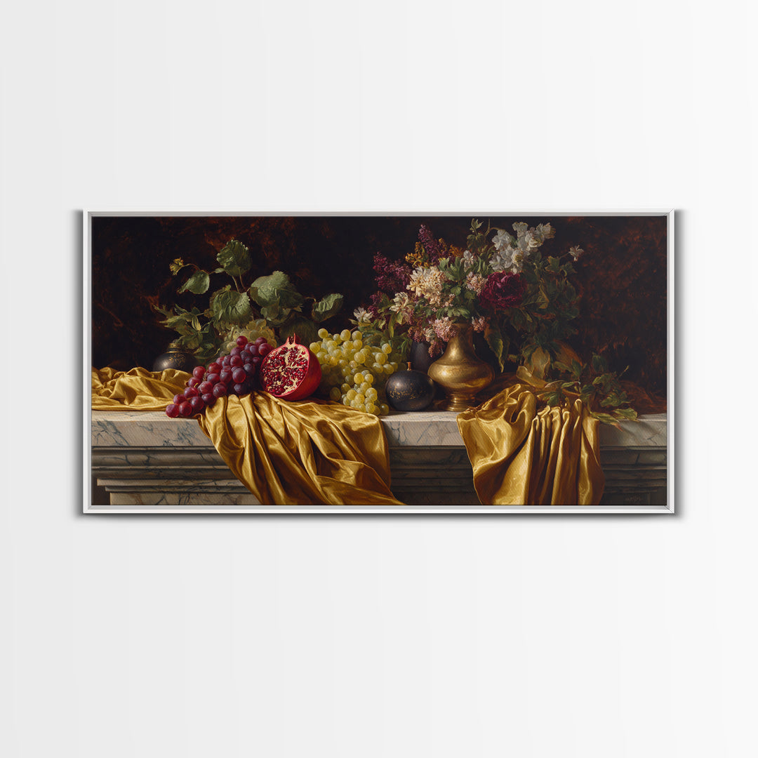 Pomegranate and Grapes on a Marble Ledge Framed Canvas Print, Baroque Art, Eclectic Wall Art, Living Room Decor, Ornate, BAO-2x1-100