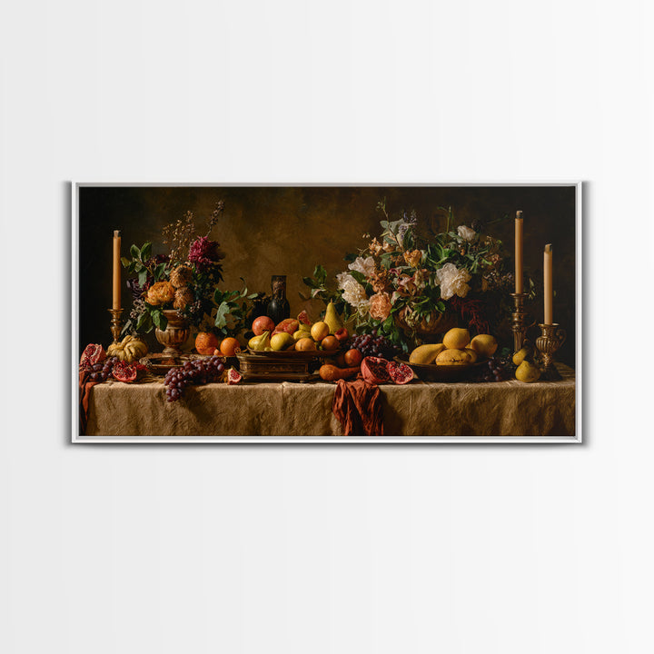 Lavish Banquet Fruit Composition Framed Canvas Print, Baroque Art, Neutral Decor, Living Room Decor, Fine Art, Ornate, BAO-2x1-16