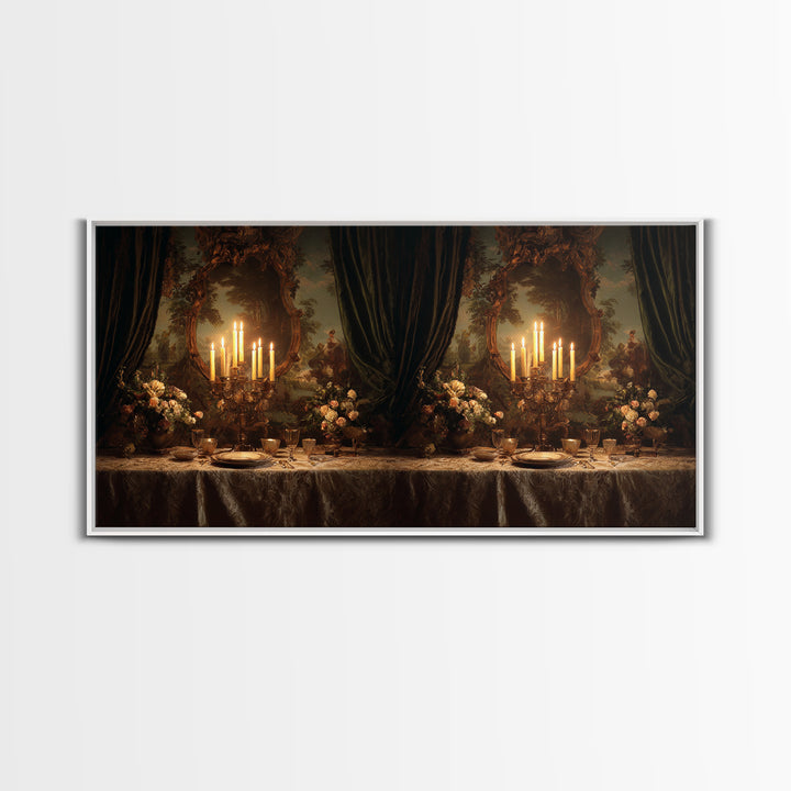 Velvet Drapery with Pearls Flowers and Candlelight Framed Canvas Print, Baroque Art, Wall Art, Living Room Decor, BAO-2x1-23