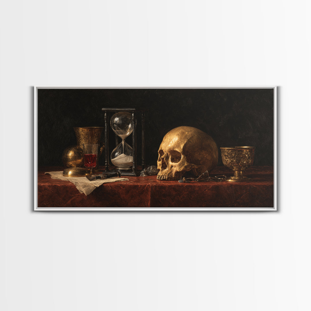 Skull and Hourglass Vanitas Still Life Framed Canvas Print, Baroque Art, Neutral Decor, Living Room Decor, Fine Art, Ornate, BAO-2x1-25