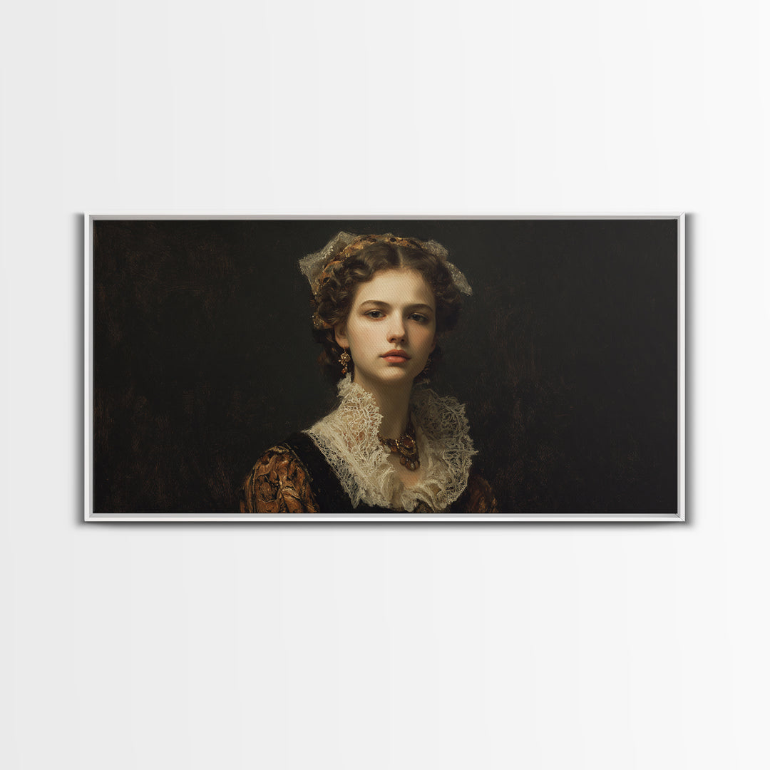 Classical Portrait with Lace Collar and Jewel Framed Canvas Print, Baroque Art, Oil Painting, Living Room Decor, Ornate, BAO-2x1-3