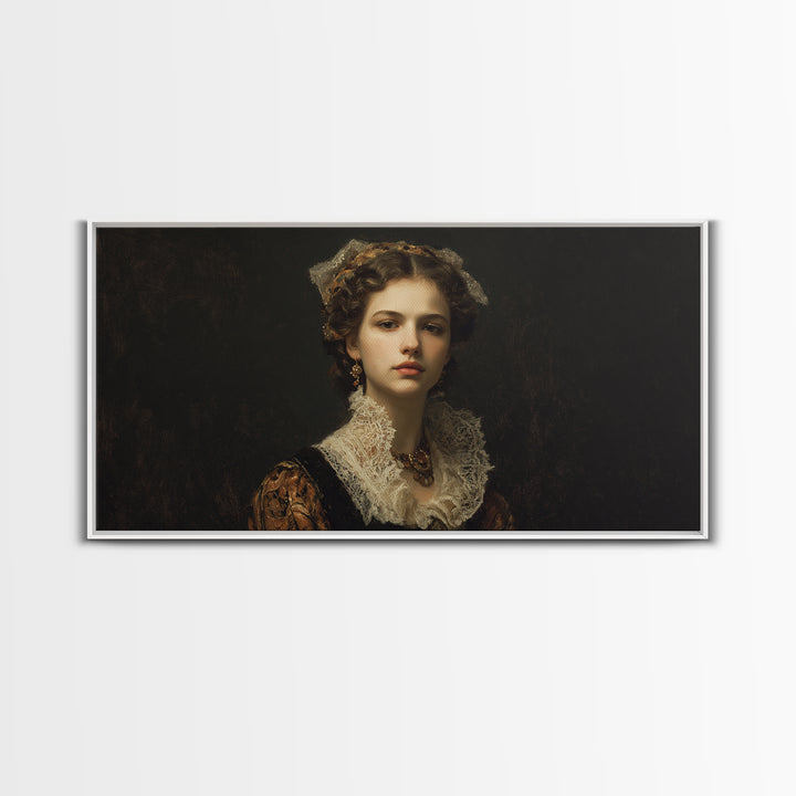 Classical Portrait with Lace Collar and Jewel Framed Canvas Print, Baroque Art, Oil Painting, Living Room Decor, Ornate, BAO-2x1-3