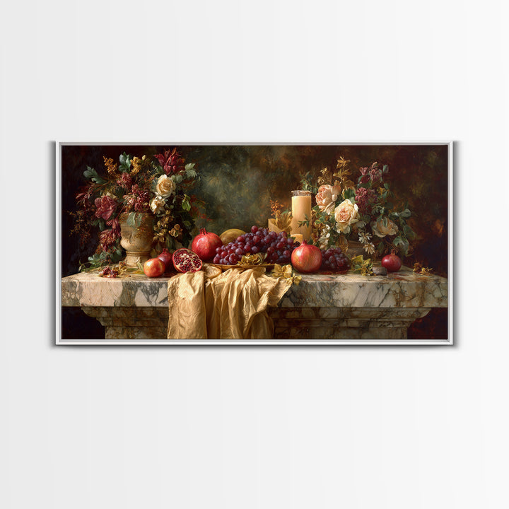 Pomegranate and Grapes on a Marble Ledge Canvas Print, Baroque Art, Statement Artwork, Living Room Decor, Fine Art, Ornate, BAO-2x1-4