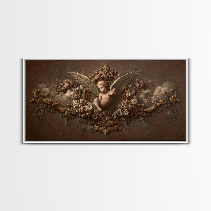 Ornate Cherub Figure Surrounded by Clouds and Framed Canvas Print, Baroque Art, Neutral Decor, Living Room Decor, Ornate, BAO-2x1-46