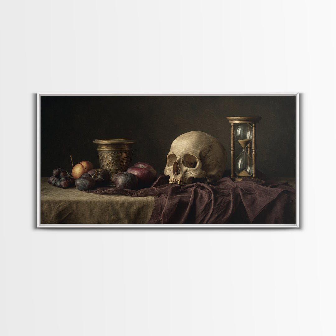 Skull and Hourglass Vanitas Still Life Canvas Print, Baroque Art, Luxury Decor, Living Room Decor, Ornate, Oil Painting, BAO-2x1-49