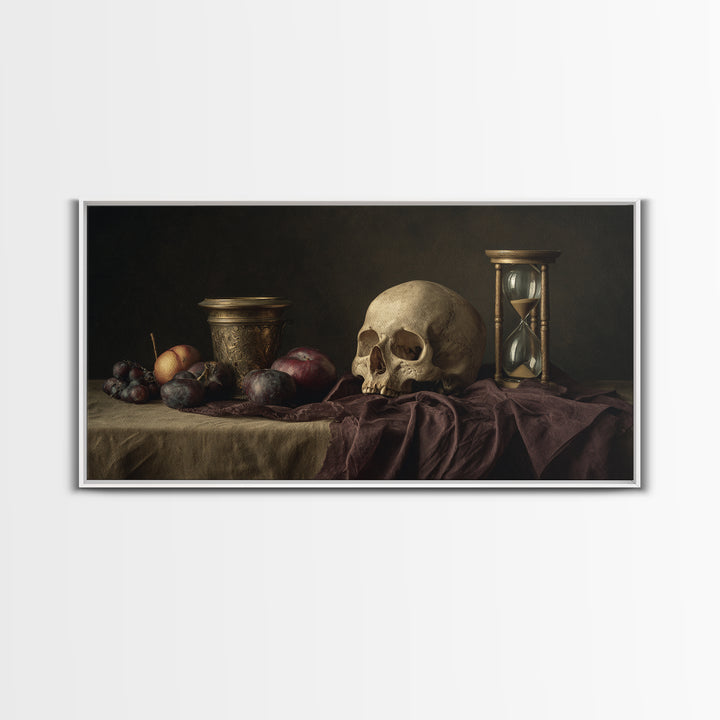 Skull and Hourglass Vanitas Still Life Canvas Print, Baroque Art, Luxury Decor, Living Room Decor, Ornate, Oil Painting, BAO-2x1-49