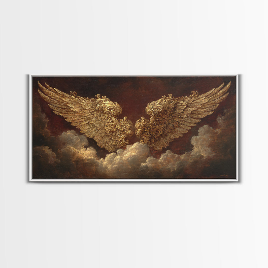 Gilded Angel Wings Emerging from Storm Clouds Framed Canvas Print, Baroque Art, Modern Decor, Living Room Decor, Ornate, BAO-2x1-50