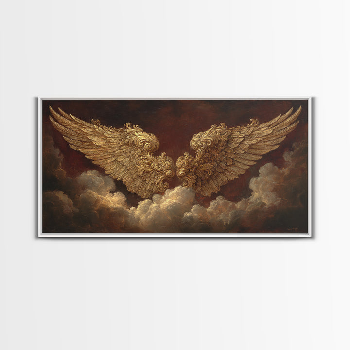 Gilded Angel Wings Emerging from Storm Clouds Framed Canvas Print, Baroque Art, Modern Decor, Living Room Decor, Ornate, BAO-2x1-50