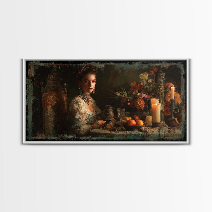 Classical Portrait with Lace Collar and Jewel Framed Canvas Print, Baroque Art, Oil Painting, Living Room Decor, Ornate, BAO-2x1-51