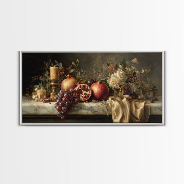 Pomegranate and Grapes on a Marble Ledge Canvas Print, Baroque Art, Art, Living Room Decor, Fine Art, Ornate, Modern Wall Art, BAO-2x1-52
