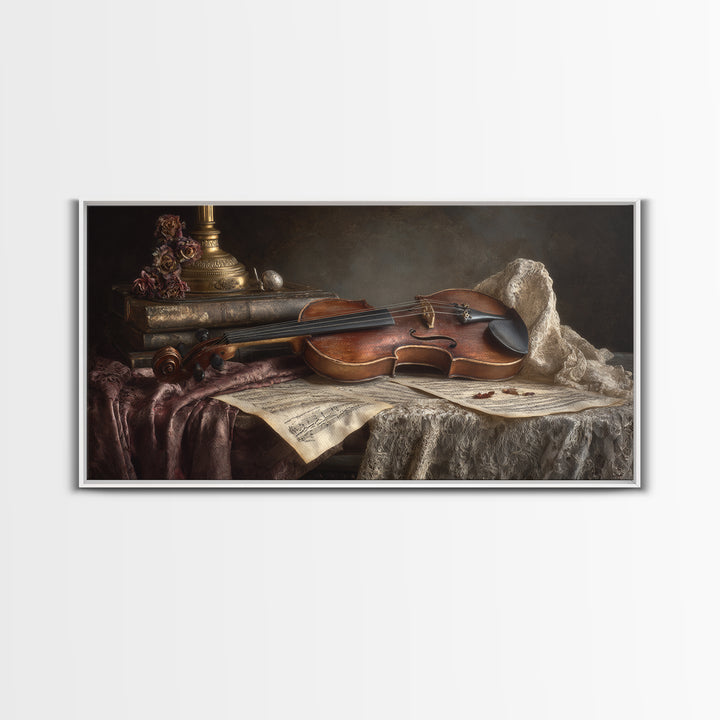 Baroque Violin and Sheet Music Still Life Framed Canvas Print, Baroque Art, Digital Wall Art, Living Room Decor, Ornate, BAO-2x1-55