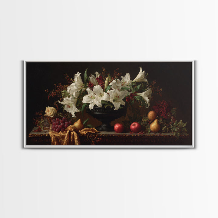 Dramatic White Lilies Framed Canvas Print, Baroque Art, Painting, Living Room Decor, Fine Art, Ornate, Living Room Wall Art, BAO-2x1-56