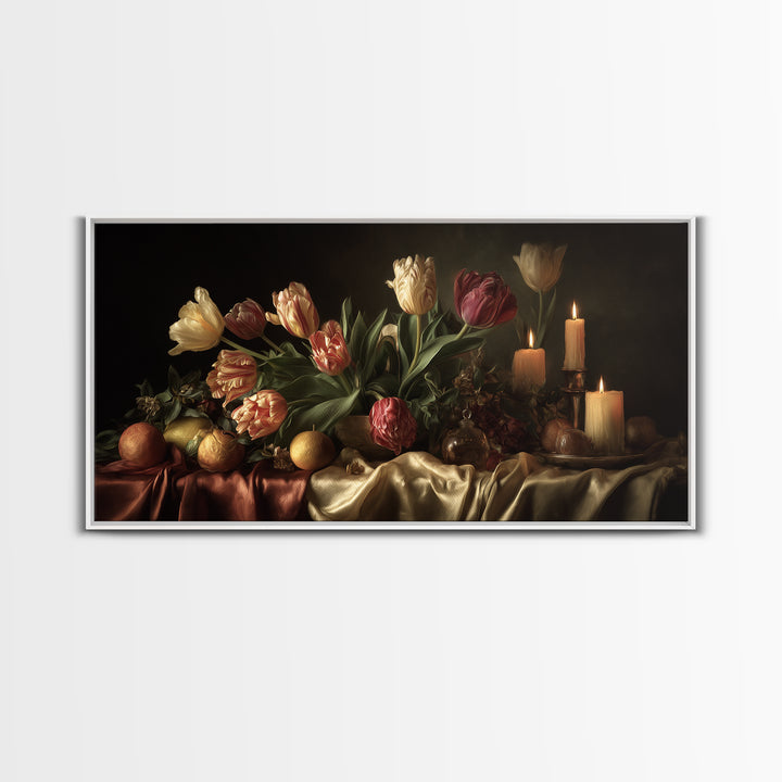 Black Background Tulips Framed Canvas Print, Baroque Art, Decor, Living Room Decor, Oil Painting, Ornate, Moody Wall Art, BAO-2x1-60