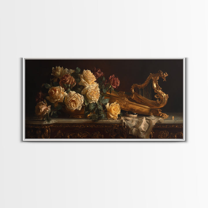 Golden Harp and Roses Canvas Print, Baroque Art, Gallery Decor, Living Room Decor, Oil Painting, Ornate, Minimalist Decor, BAO-2x1-62