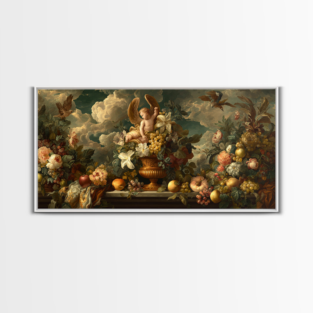 Ornate Cherub Figure Surrounded by Clouds and Canvas Print, Baroque Art, Luxury Decor, Living Room Decor, Fine Art, Ornate, BAO-2x1-70