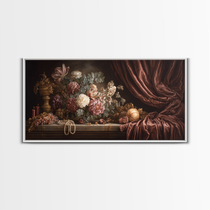 Velvet Drapery with Pearls Flowers and Candlelight Canvas Print, Baroque Art, Minimalist Wall Art, Living Room Decor, Ornate, BAO-2x1-71