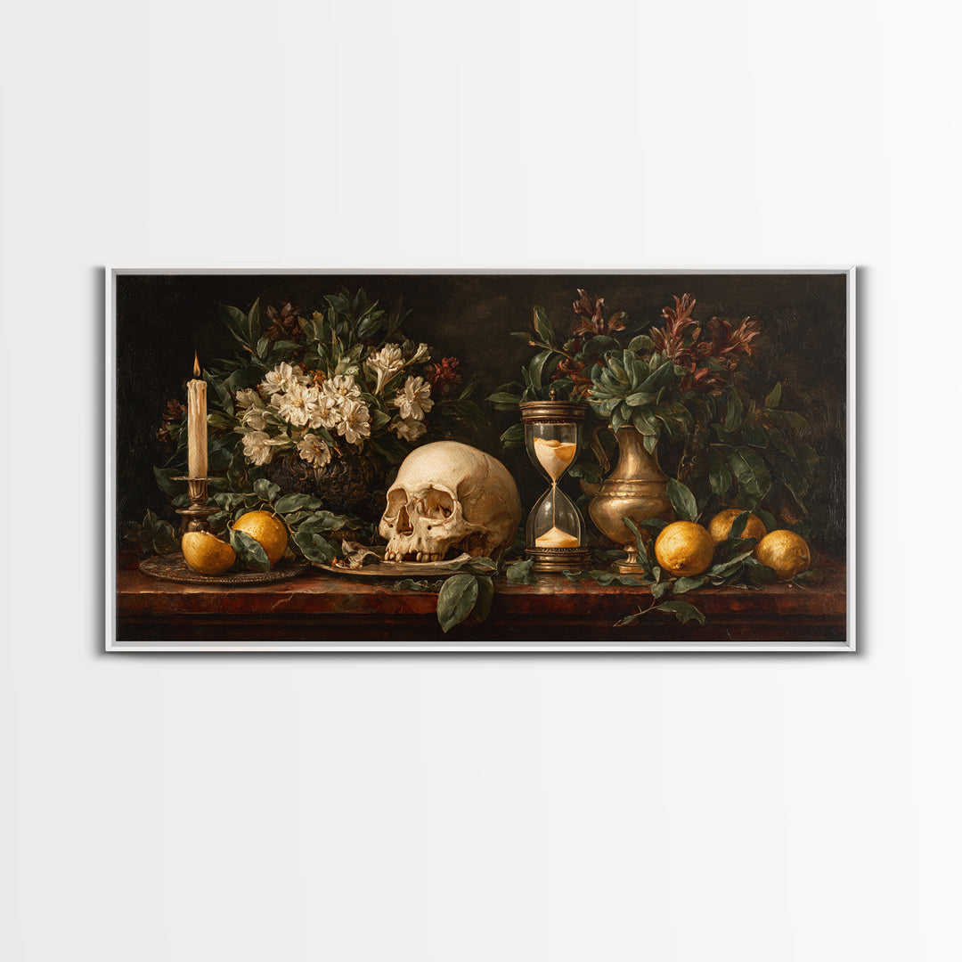 Skull and Hourglass Vanitas Still Life Canvas Print, Baroque Art, Luxury Decor, Living Room Decor, Ornate, Oil Painting, BAO-2x1-73
