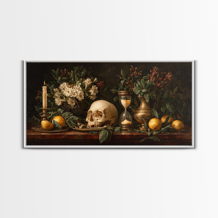 Skull and Hourglass Vanitas Still Life Canvas Print, Baroque Art, Luxury Decor, Living Room Decor, Ornate, Oil Painting, BAO-2x1-73